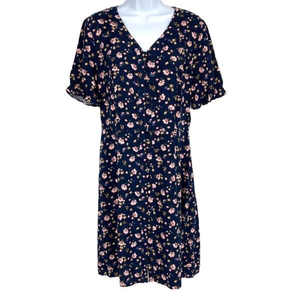 Dip Navy with Pink Floral Print Ruffle Sleeve Shift T-Shirt Dress Size Medium - Picture 1 of 9